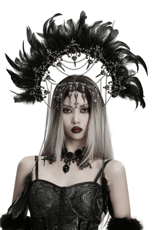 Gothic Black Feather Halo Headdress with Chains
