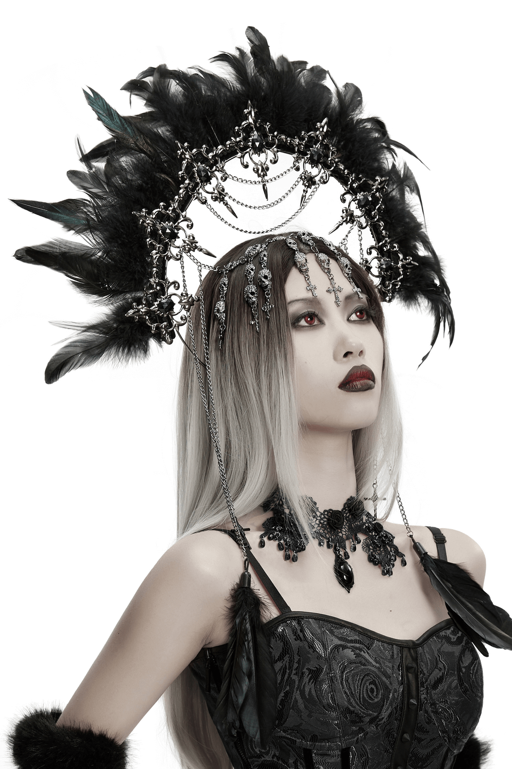 Gothic Black Feather Halo Headdress with Chains