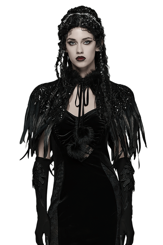 Gothic Black Feather Shoulder Cape with Sequins