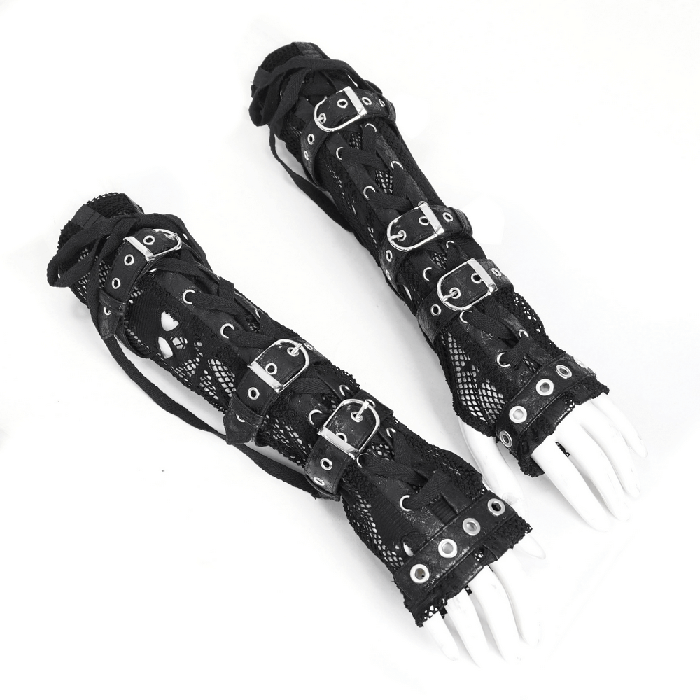 Gothic Black Fishnet Fingerless Gloves with Buckles
