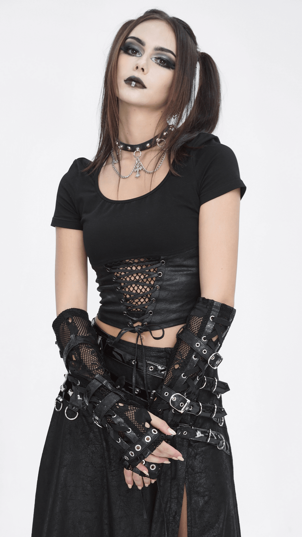 Gothic Black Fishnet Fingerless Gloves with Buckles