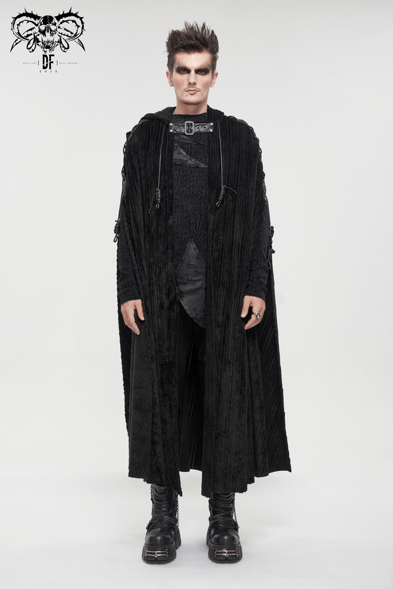 Gothic Black Fleece Hooded Cape with Buckle Belt / Mens Long Cape with Fur Collar