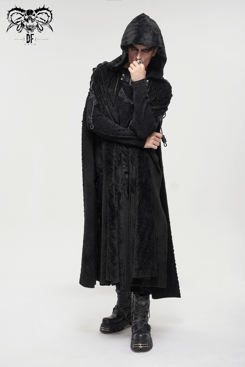Gothic Black Fleece Hooded Cape with Buckle Belt / Mens Long Cape with Fur Collar