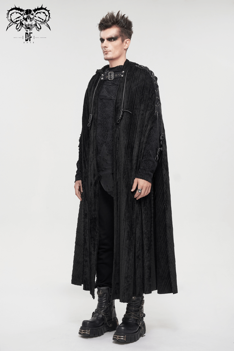 Gothic Black Fleece Hooded Cape with Buckle Belt / Mens Long Cape with Fur Collar