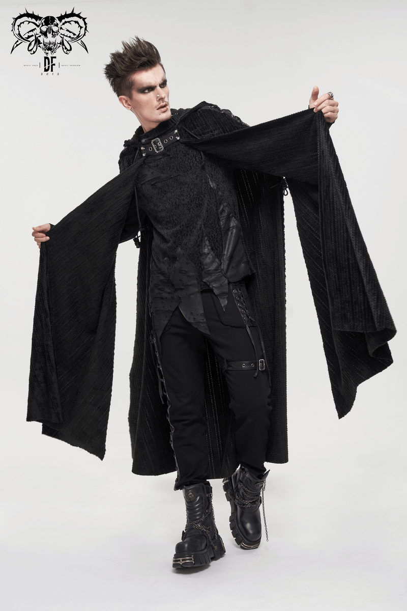 Gothic Black Fleece Hooded Cape with Buckle Belt / Mens Long Cape with Fur Collar