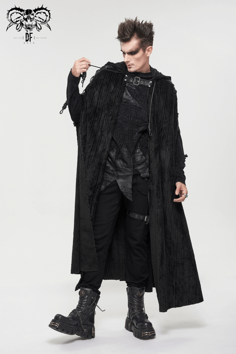 Gothic Black Fleece Hooded Cape with Buckle Belt / Mens Long Cape with Fur Collar