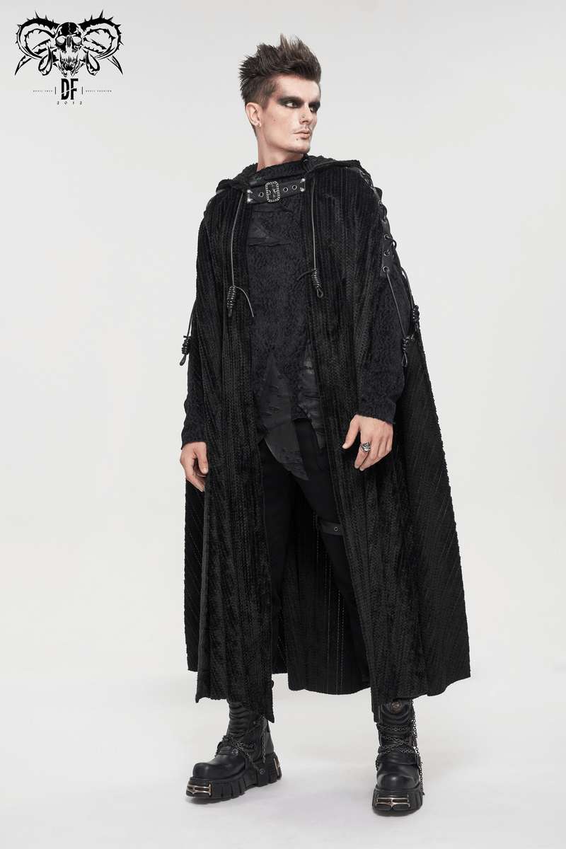 Gothic Black Fleece Hooded Cape with Buckle Belt / Mens Long Cape with Fur Collar