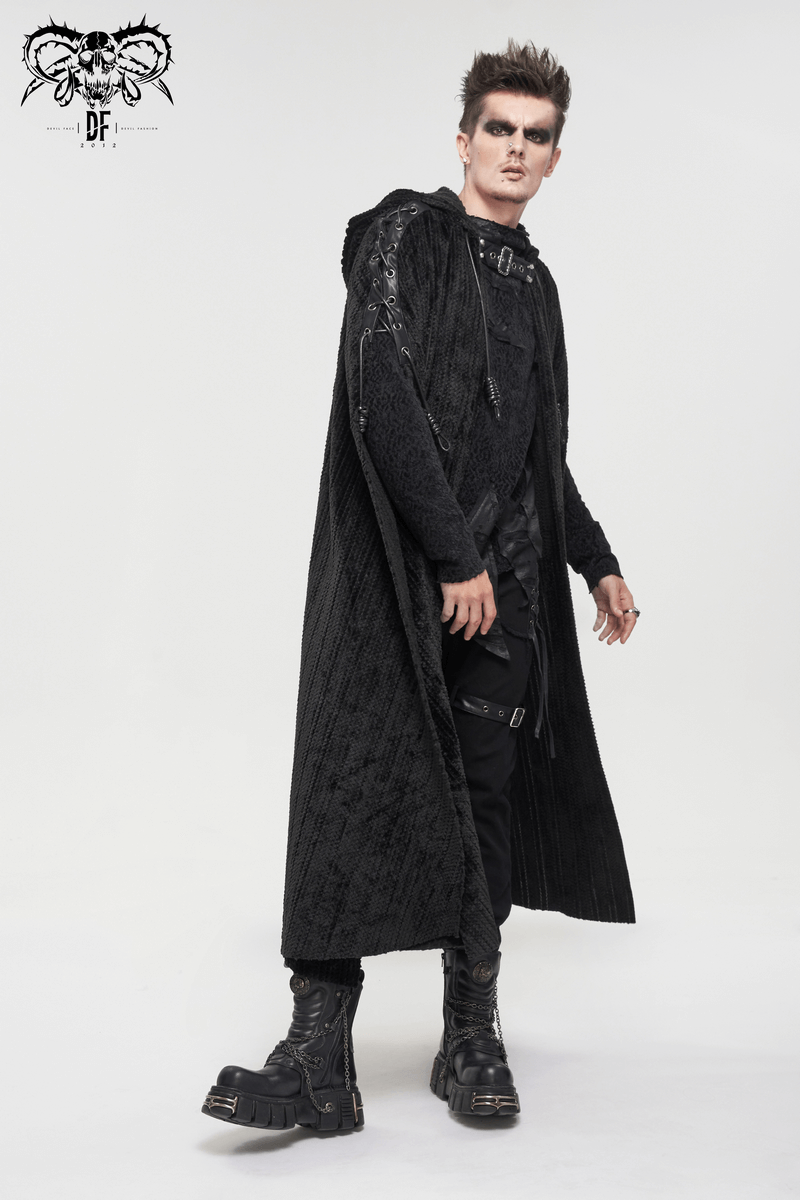 Gothic Black Fleece Hooded Cape with Buckle Belt / Mens Long Cape with Fur Collar