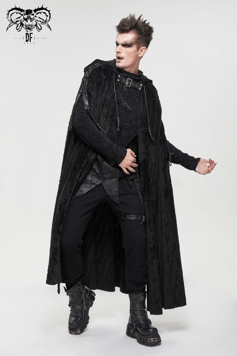 Gothic Black Fleece Hooded Cape with Buckle Belt / Mens Long Cape with Fur Collar