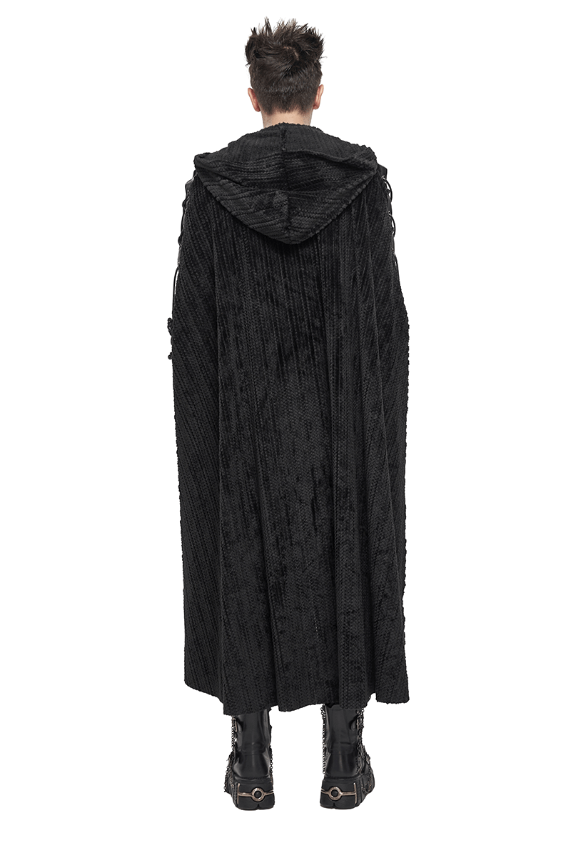 Gothic Black Fleece Hooded Cape with Buckle Belt / Mens Long Cape with Fur Collar