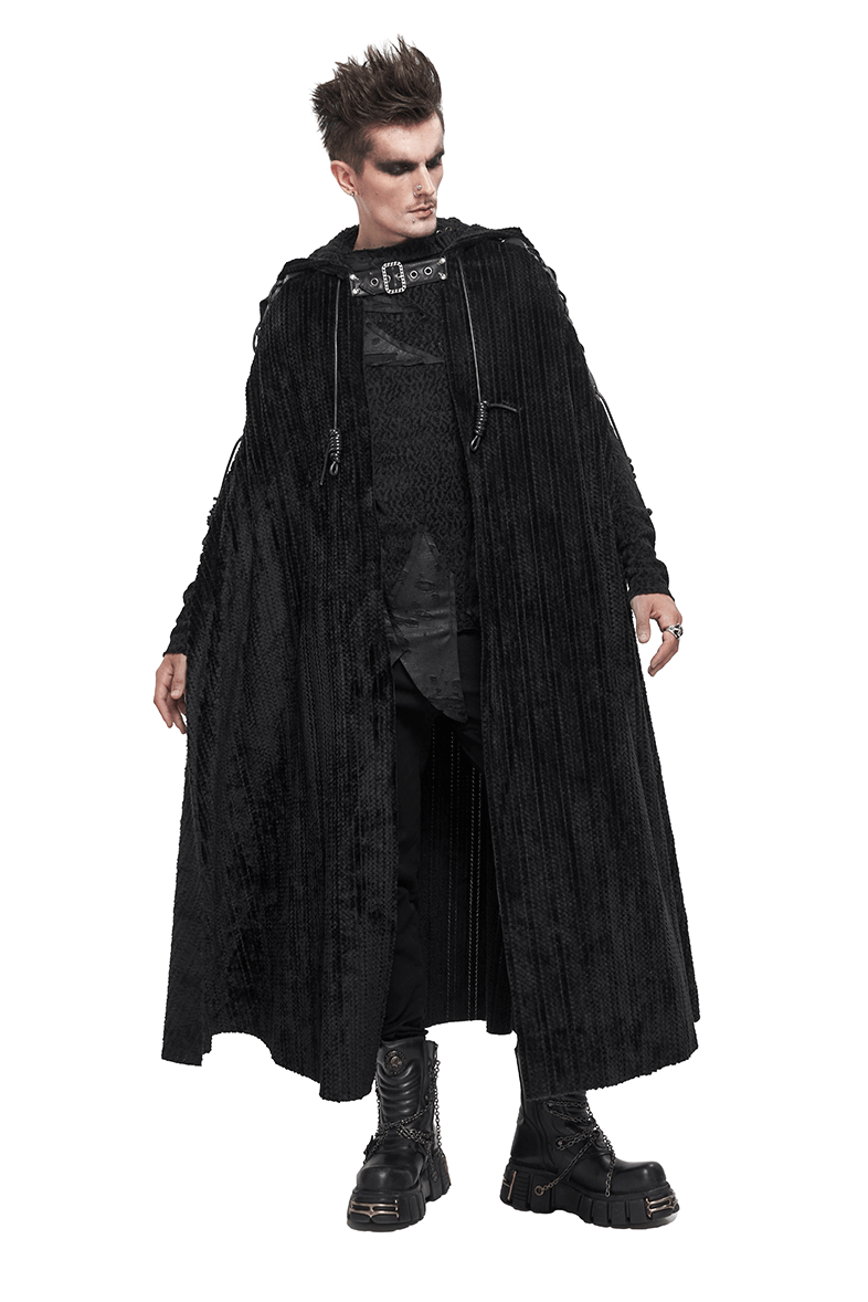 Gothic Black Fleece Hooded Cape with Buckle Belt / Mens Long Cape with Fur Collar