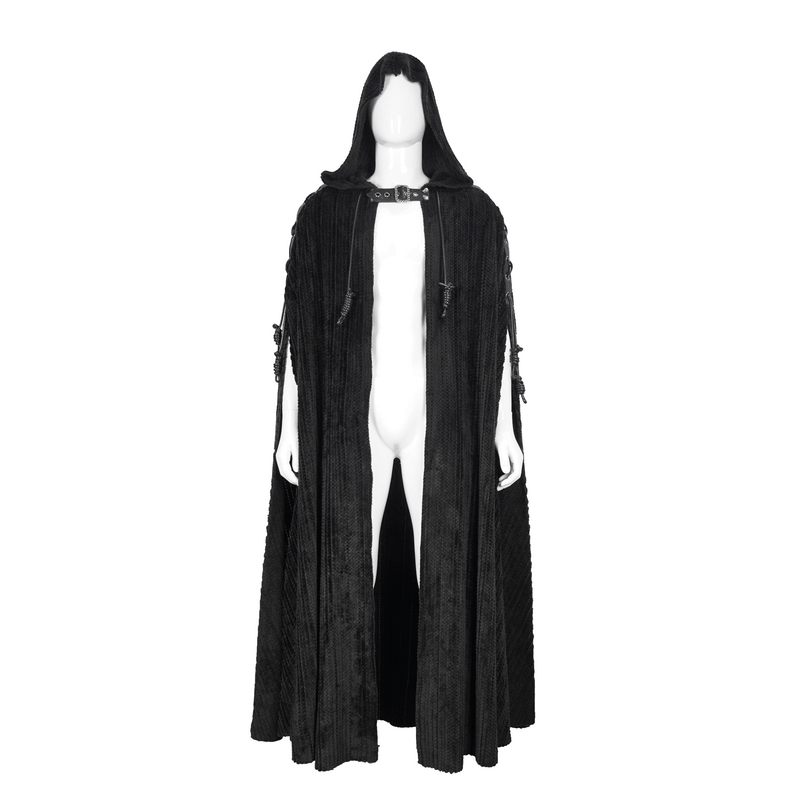 Gothic Black Fleece Hooded Cape with Buckle Belt / Mens Long Cape with Fur Collar