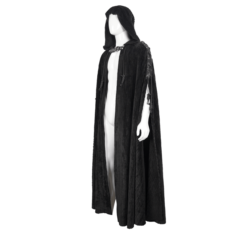 Gothic Black Fleece Hooded Cape with Buckle Belt / Mens Long Cape with Fur Collar