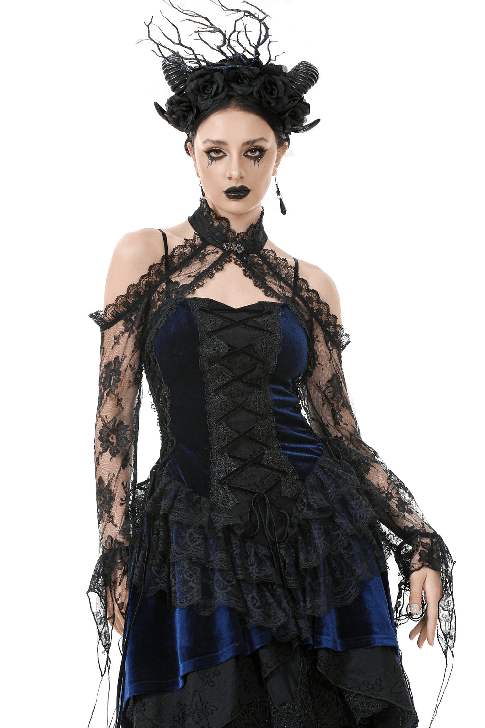 Gothic Black Floral Lace Shrug with Long Flared Sleeves