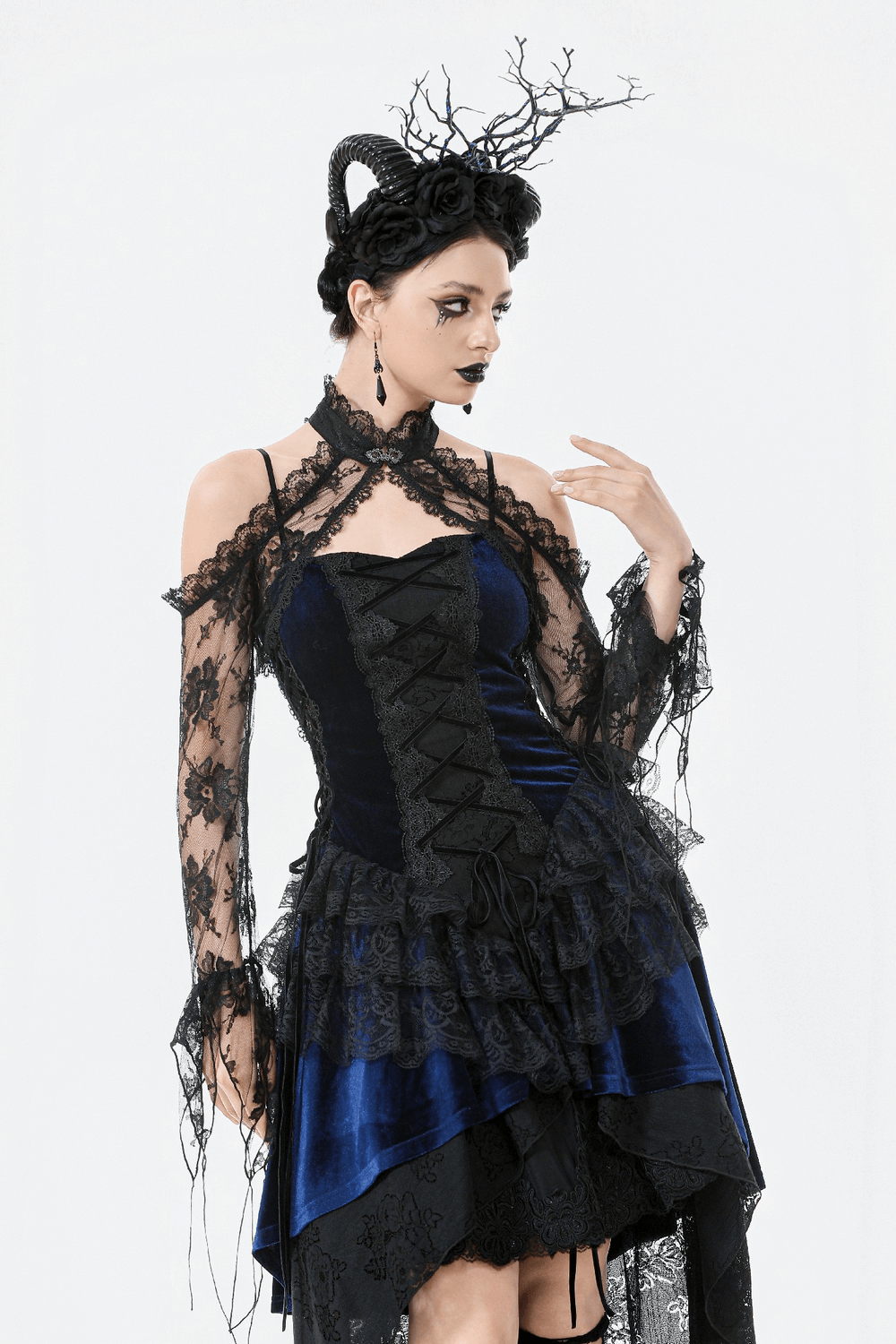 Gothic Black Floral Lace Shrug with Long Flared Sleeves