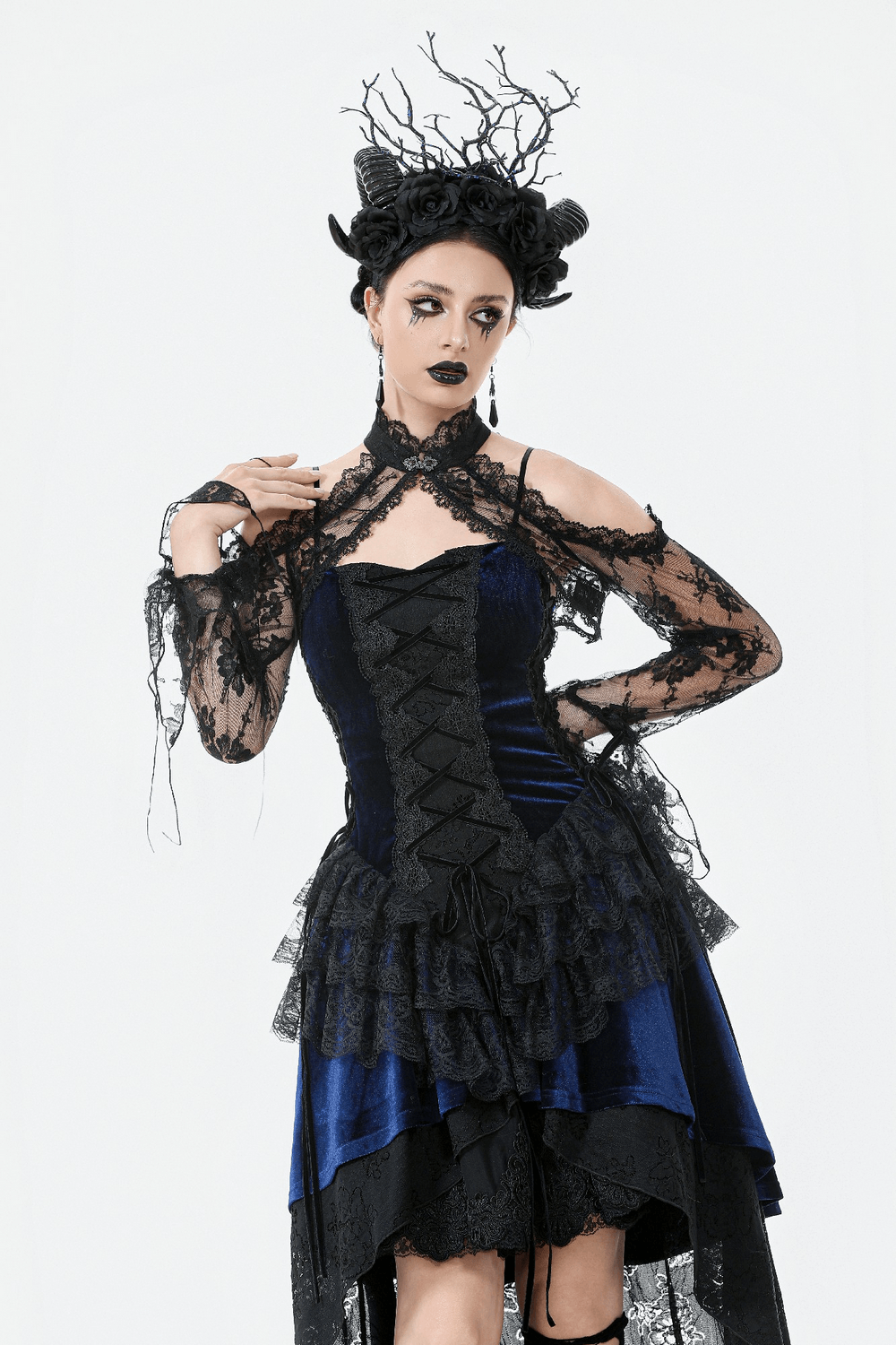 Gothic Black Floral Lace Shrug with Long Flared Sleeves