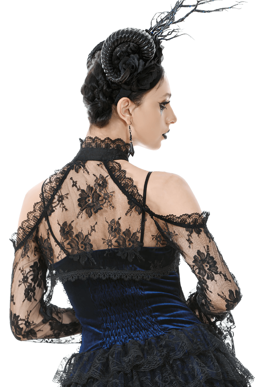 Gothic Black Floral Lace Shrug with Long Flared Sleeves