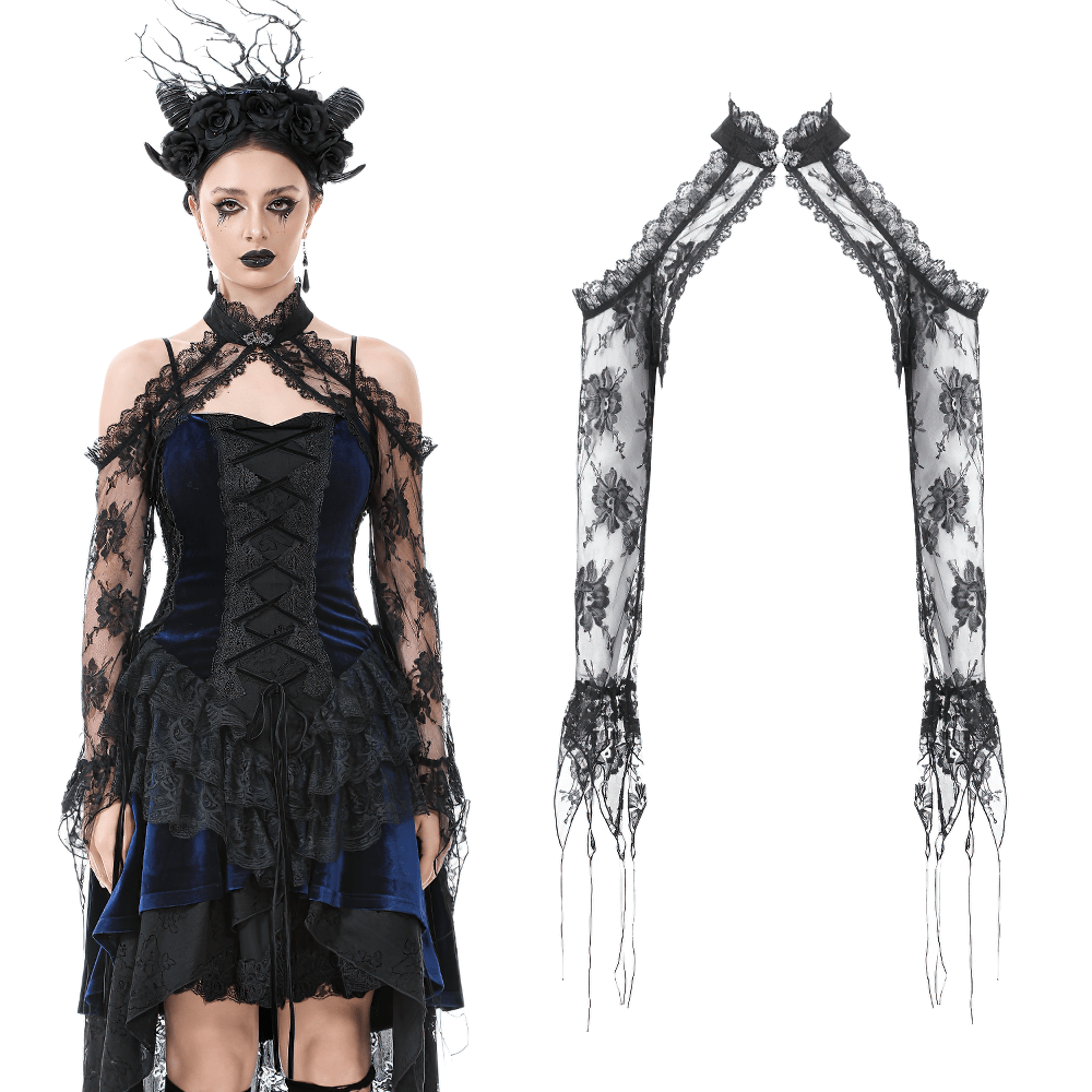Gothic Black Floral Lace Shrug with Long Flared Sleeves
