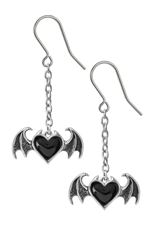 Gothic Black Heart and Bat Wings Dropper Earrings