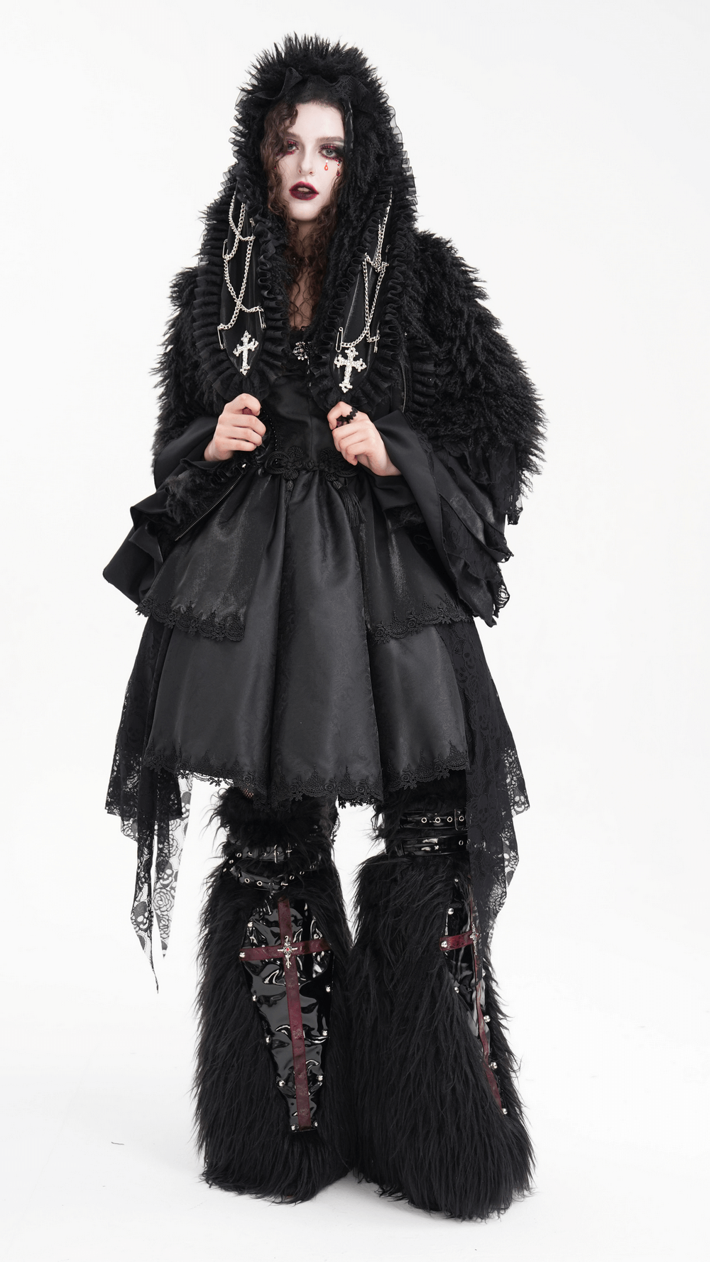 Gothic Black Hooded Jacket with Lace and Fur Details