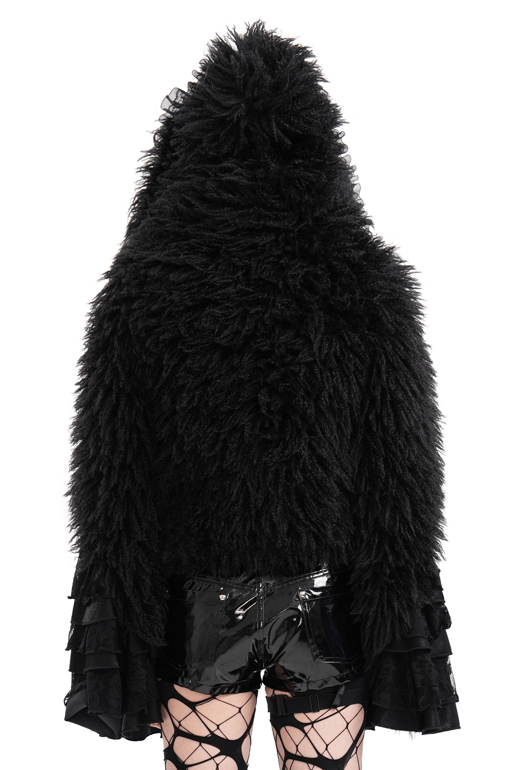 Gothic Black Hooded Jacket with Lace and Fur Details