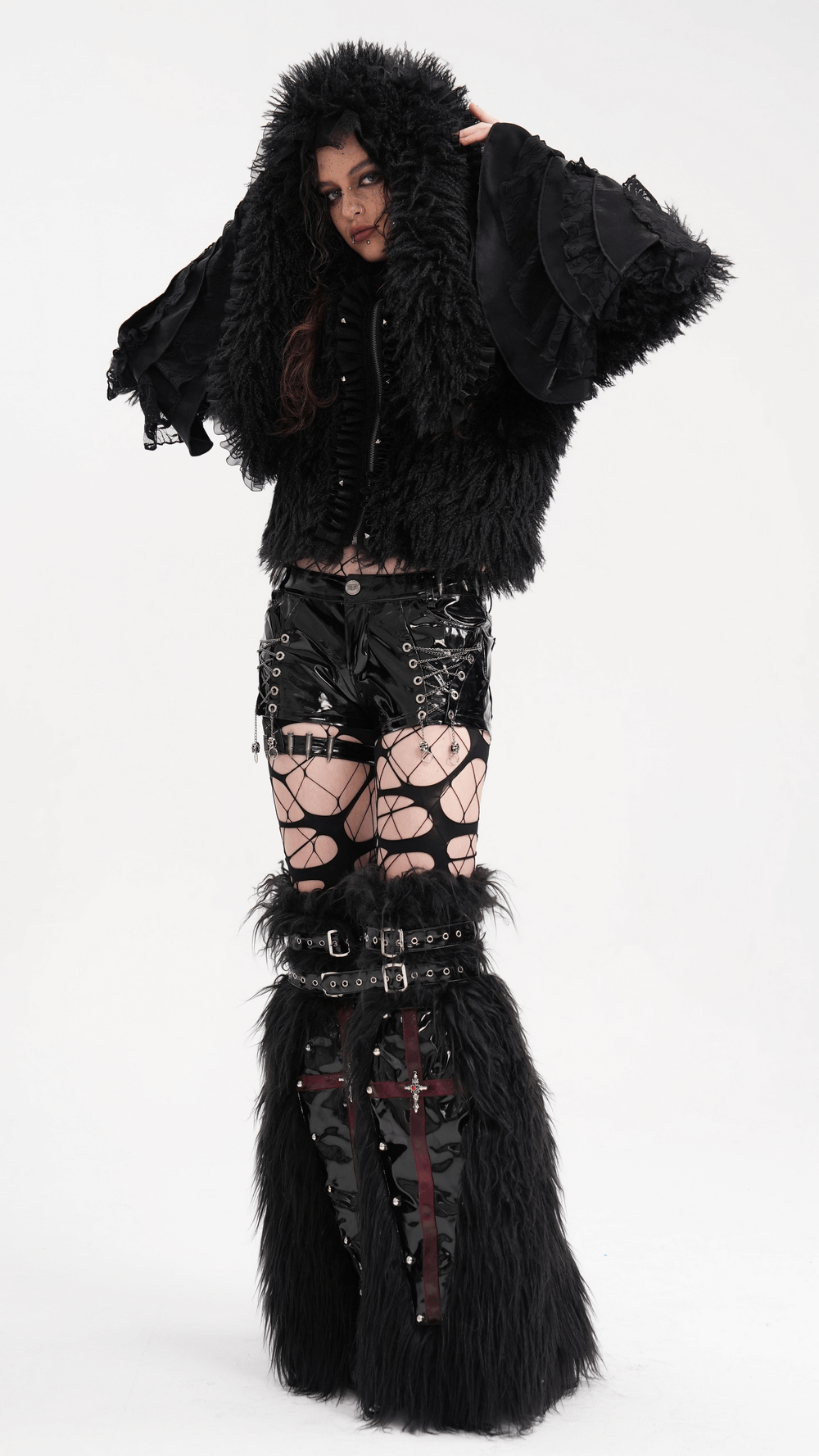 Gothic Black Hooded Jacket with Lace and Fur Details