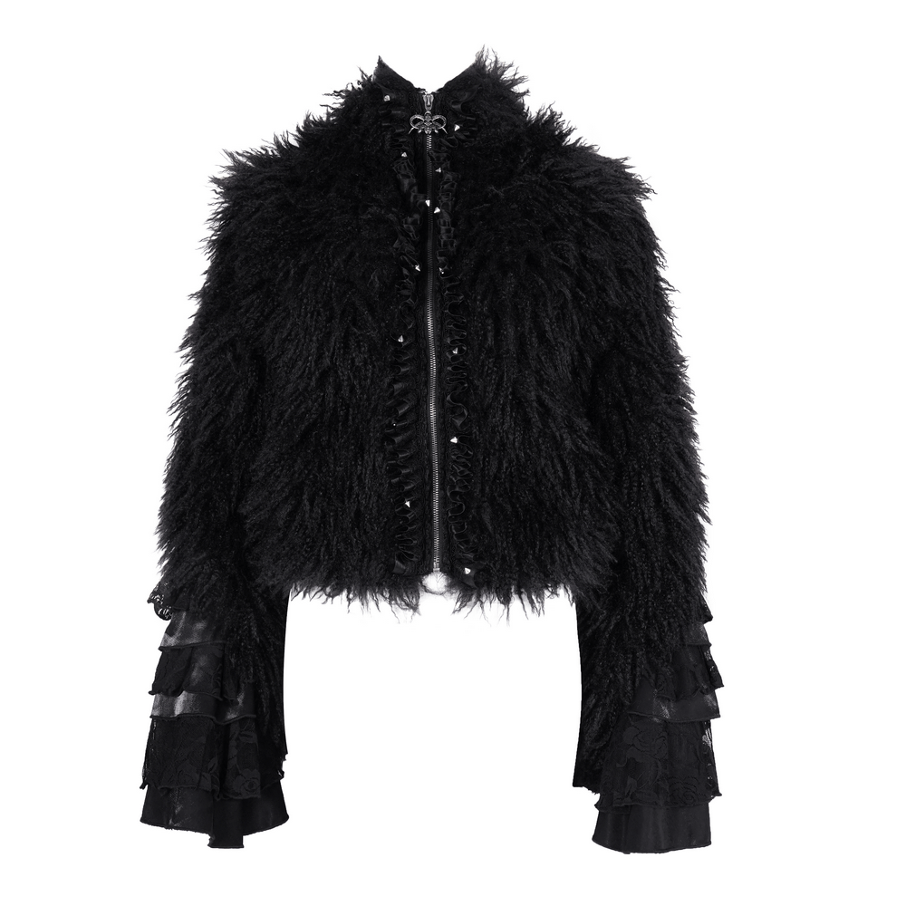 Gothic Black Hooded Jacket with Lace and Fur Details