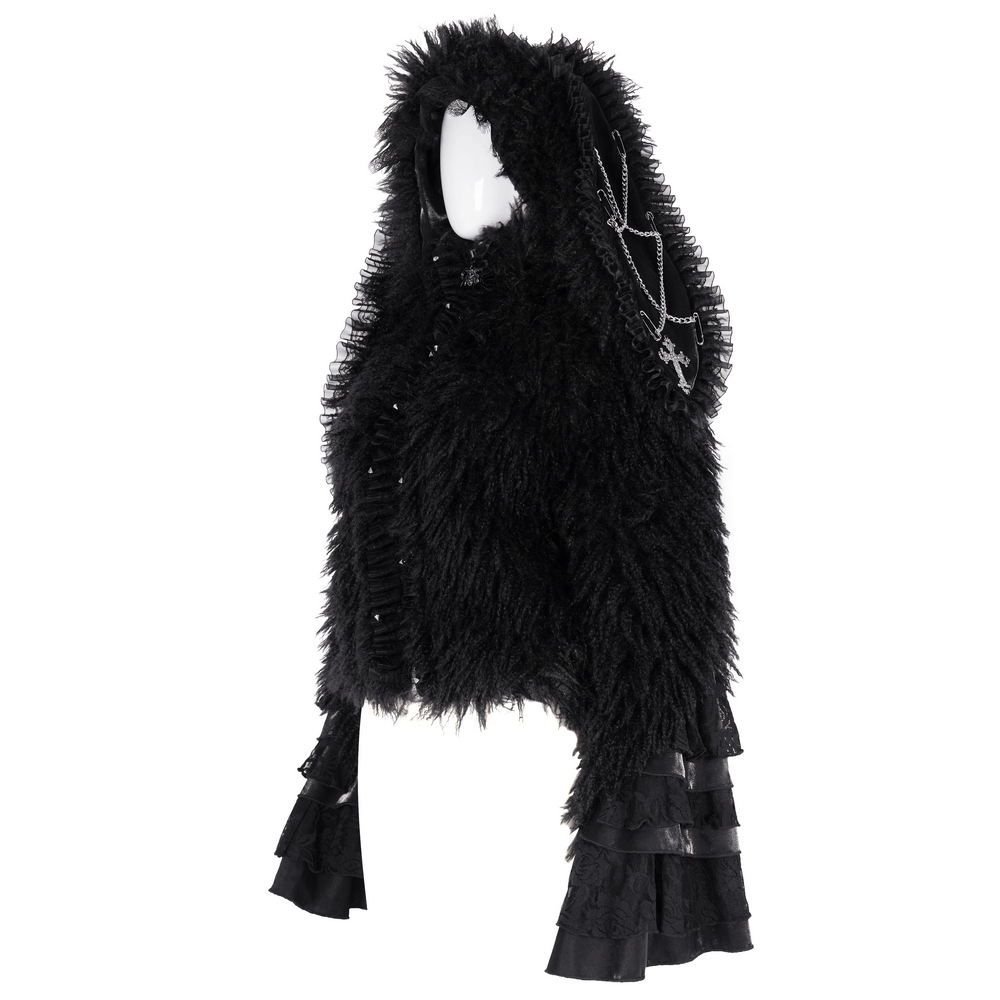 Gothic Black Hooded Jacket with Lace and Fur Details