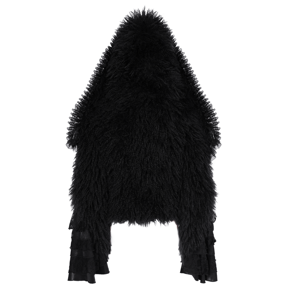 Gothic Black Hooded Jacket with Lace and Fur Details