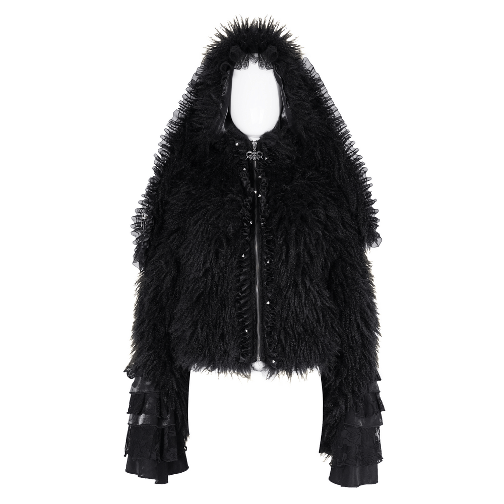 Gothic Black Hooded Jacket with Lace and Fur Details