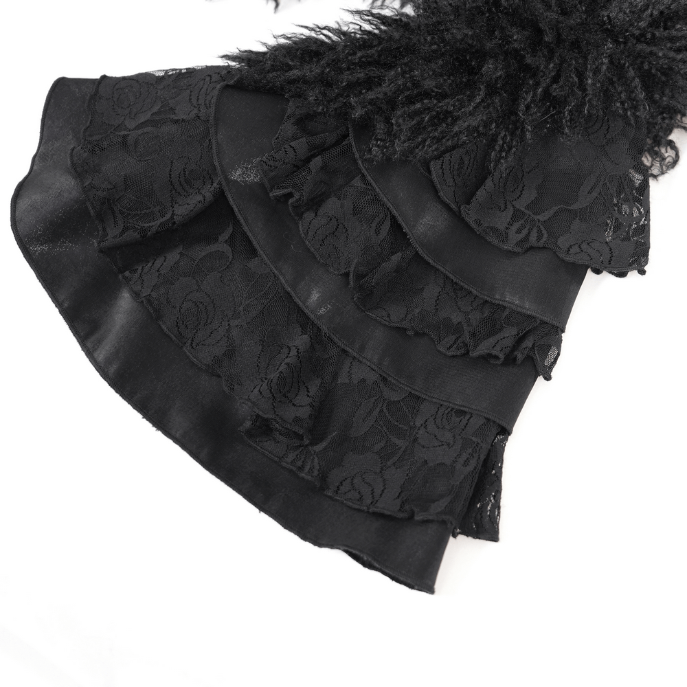 Gothic Black Hooded Jacket with Lace and Fur Details