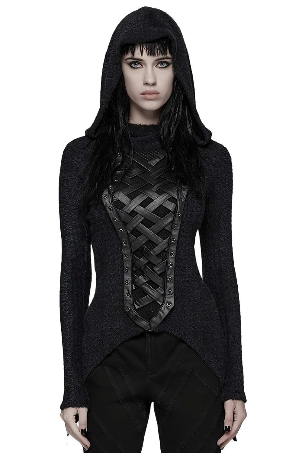 Gothic Black Hooded Top with Woven Cross Front Detail