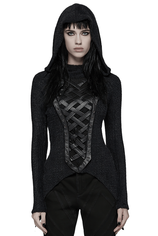 Gothic Black Hooded Top with Woven Cross Front Detail