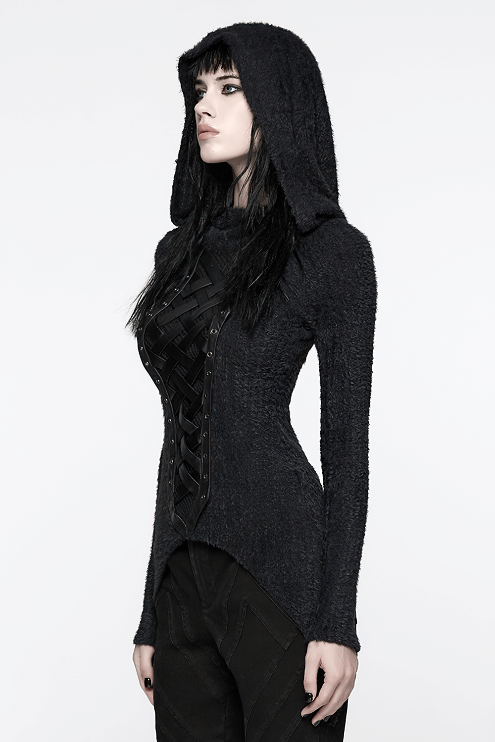 Gothic Black Hooded Top with Woven Cross Front Detail
