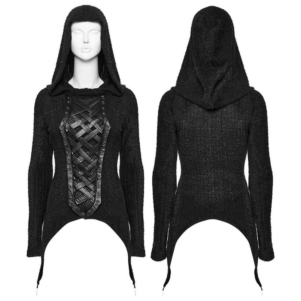 Gothic Black Hooded Top with Woven Cross Front Detail