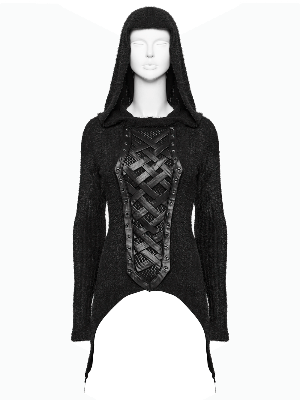Gothic Black Hooded Top with Woven Cross Front Detail