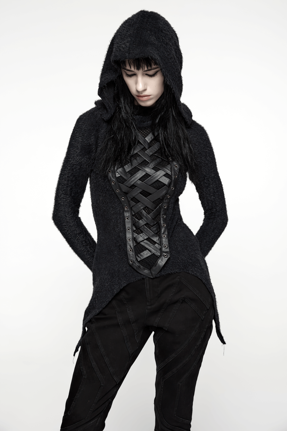 Gothic Black Hooded Top with Woven Cross Front Detail