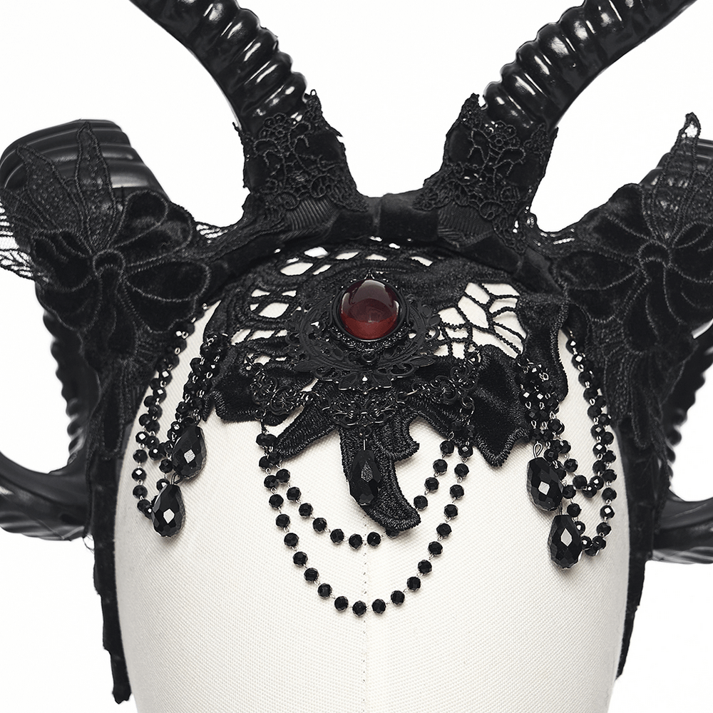 Gothic Black Horned Veil with Lace and Gemstone Chains