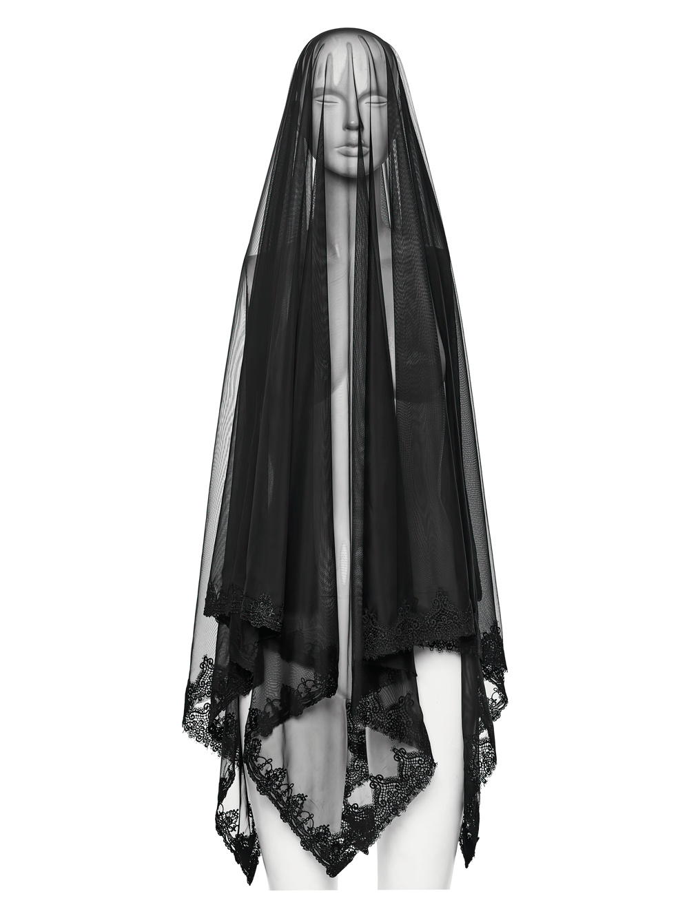 Gothic Black Horned Veil with Lace and Gemstone Chains