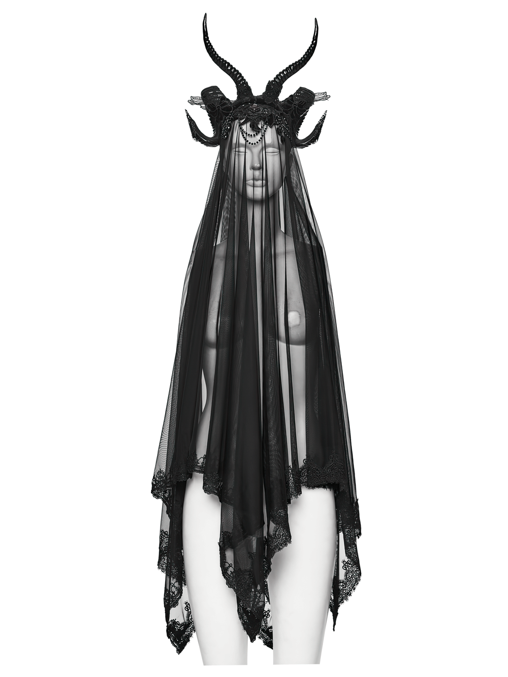 Gothic Black Horned Veil with Lace and Gemstone Chains