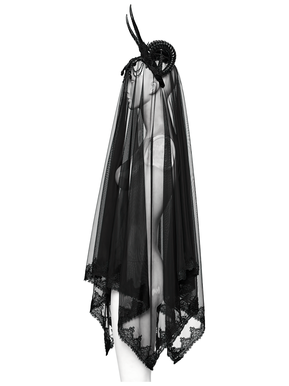 Gothic Black Horned Veil with Lace and Gemstone Chains