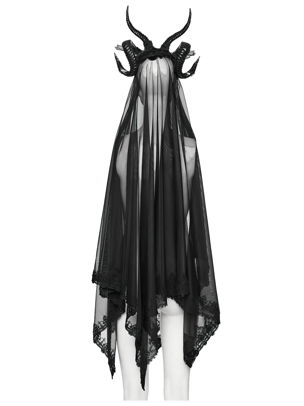 Gothic Black Horned Veil with Lace and Gemstone Chains