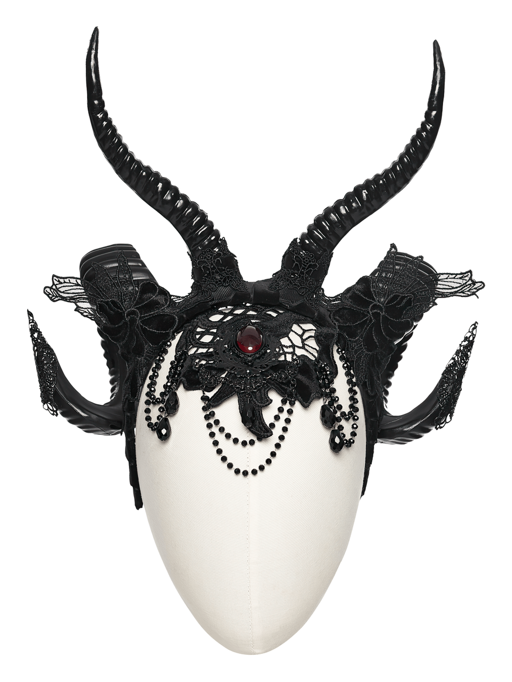 Gothic Black Horned Veil with Lace and Gemstone Chains