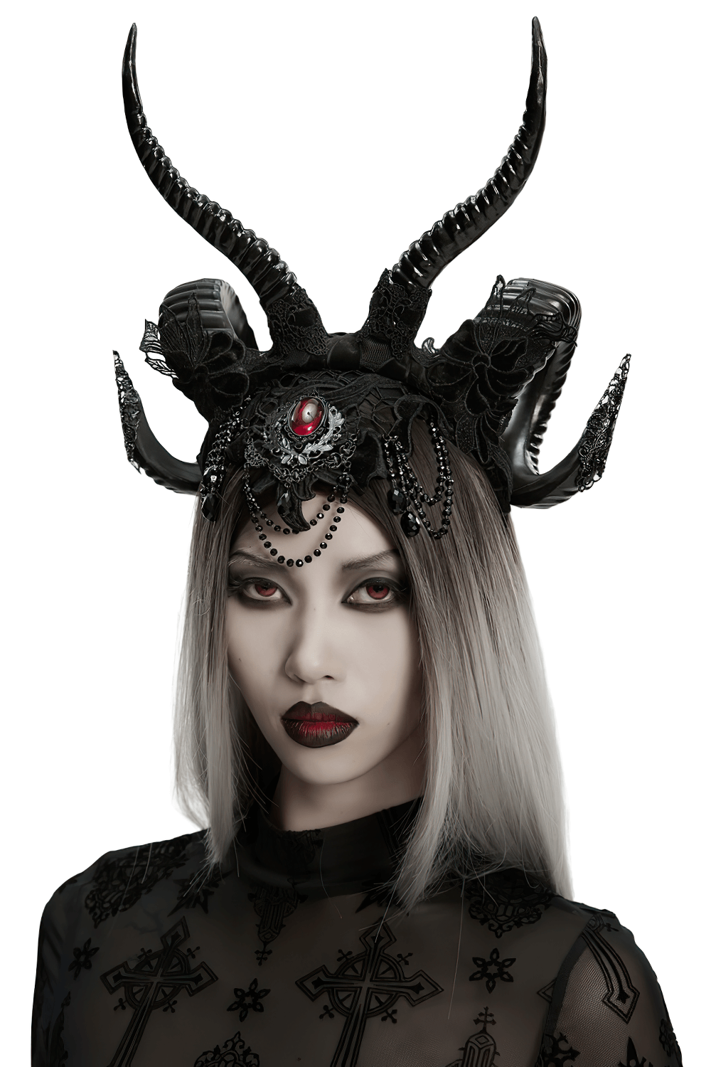 Gothic Black Horned Veil with Lace and Gemstone Chains