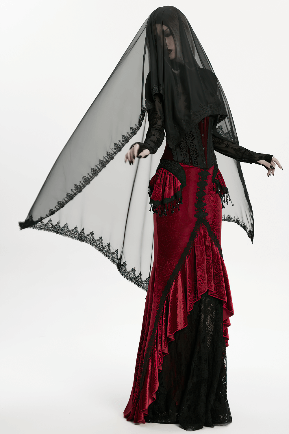 Gothic Black Horned Veil with Lace and Gemstone Chains