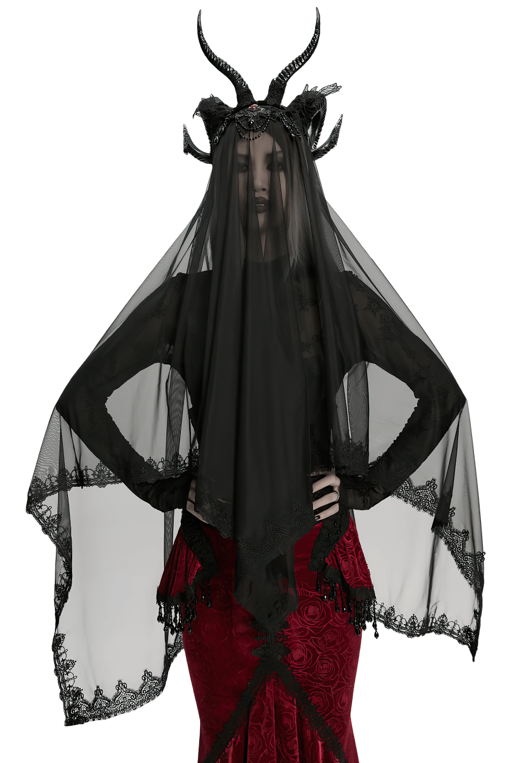 Gothic Black Horned Veil with Lace and Gemstone Chains