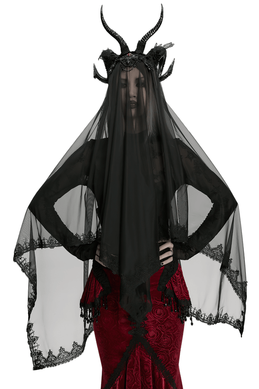 Gothic Black Horned Veil with Lace and Gemstone Chains