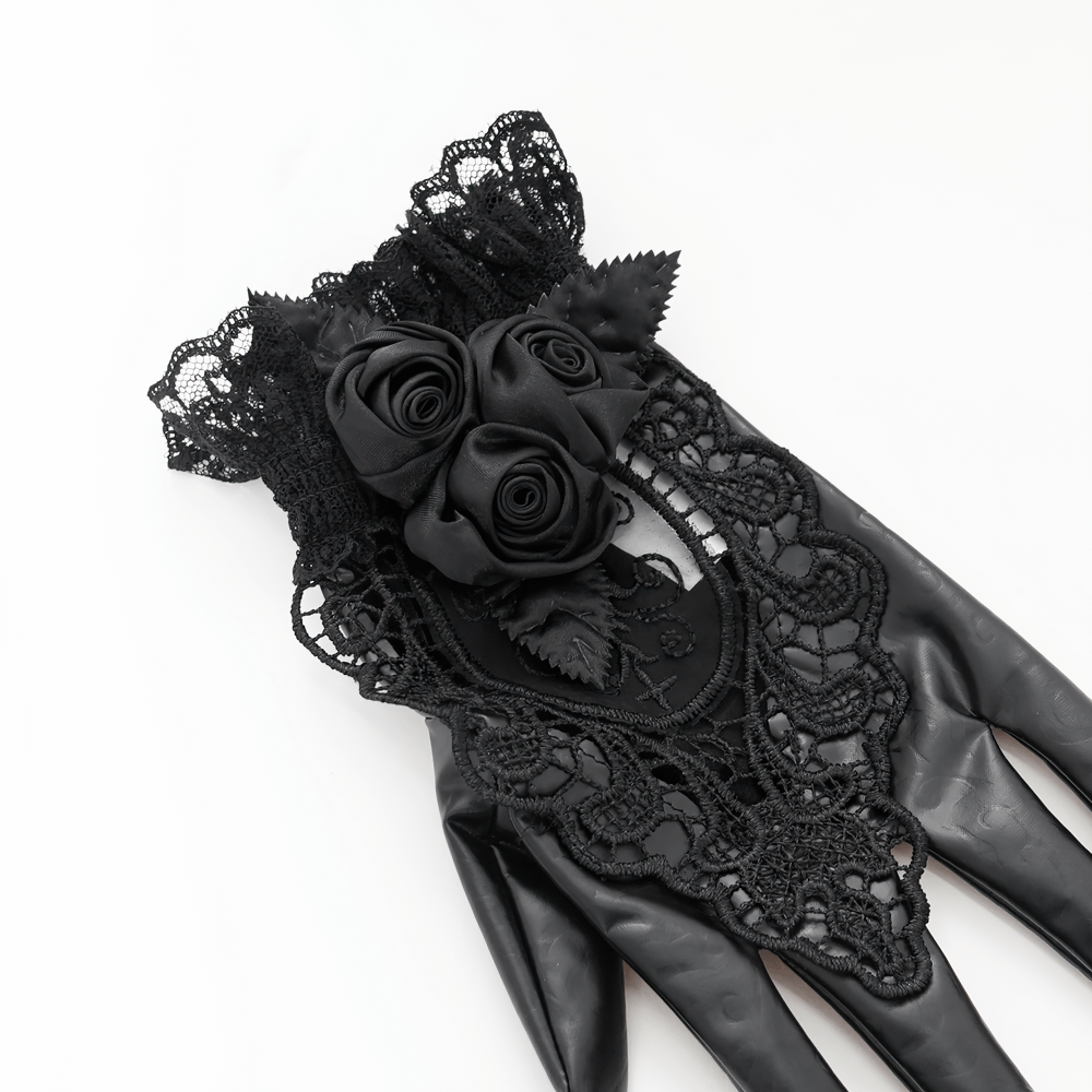 Gothic Black Lace and Satin Rose Gloves with Ruffle