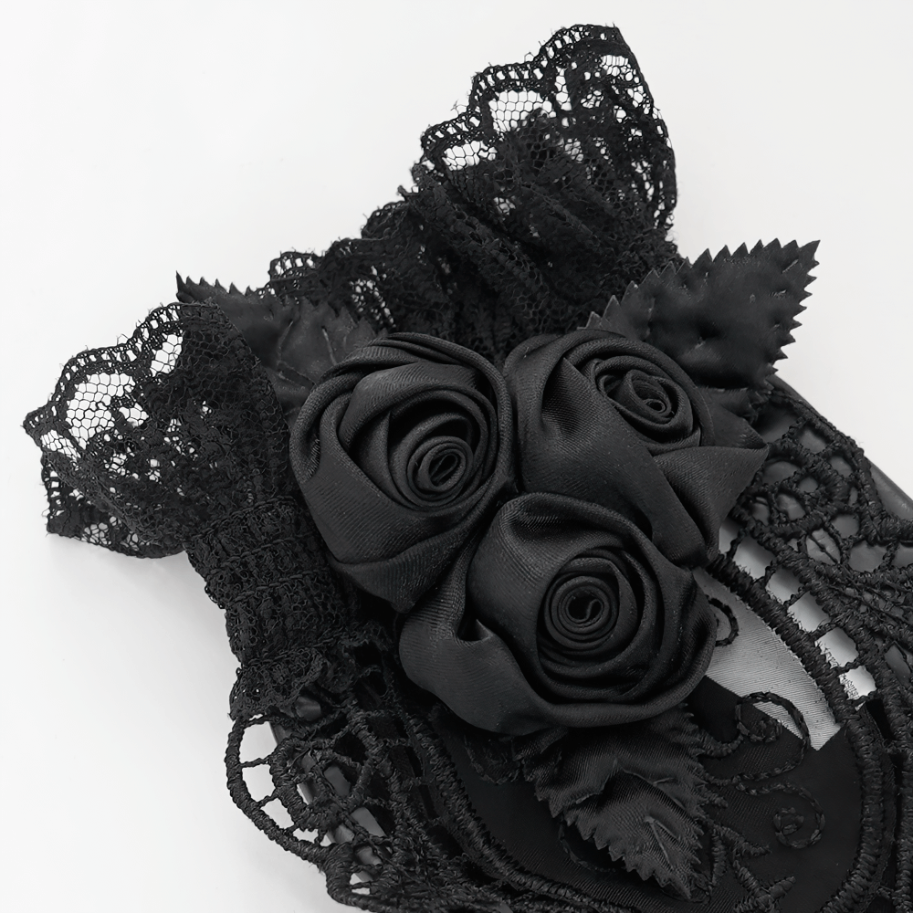 Gothic Black Lace and Satin Rose Gloves with Ruffle