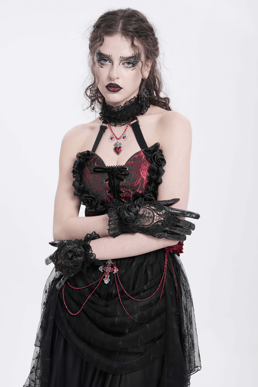 Gothic Black Lace and Satin Rose Gloves with Ruffle